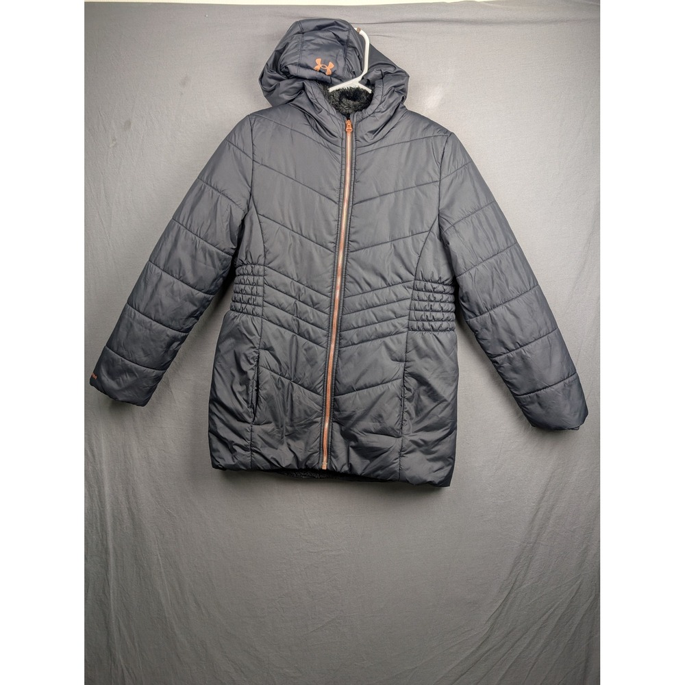 Under Armour Girls ColdGear Puffer Jacket Black Hooded‎ Fleece Lined YLG